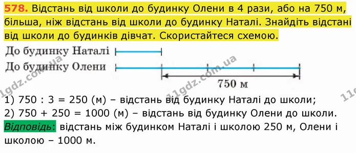 578. Відстань від школи до будинку Олени в 4 рази, або на 750 м, більша, ніж відстань від школи до будинку Наталі. Знайдіть відстані — ГДЗ Математика 5 клас Кравчук