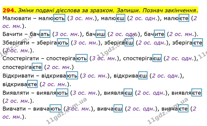 294. Зміни подані дієслова за зразком. Запиши. Познач закінчення. — ГДЗ Українська мова та читання 4 клас Кравцова