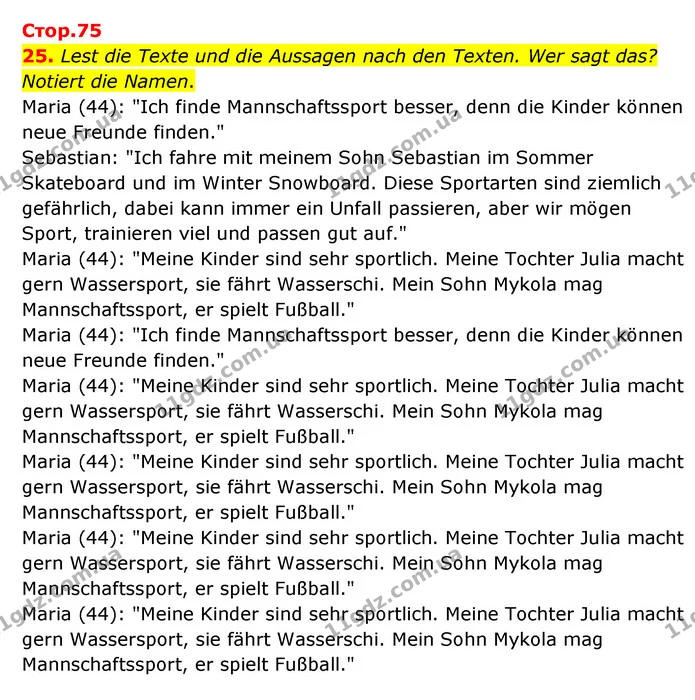 25. Lest die Texte und die Aussagen nach den Texten. Wer sagt das? Notiert die Namen. — ГДЗ Німецька мова 6 клас Басай (2023)