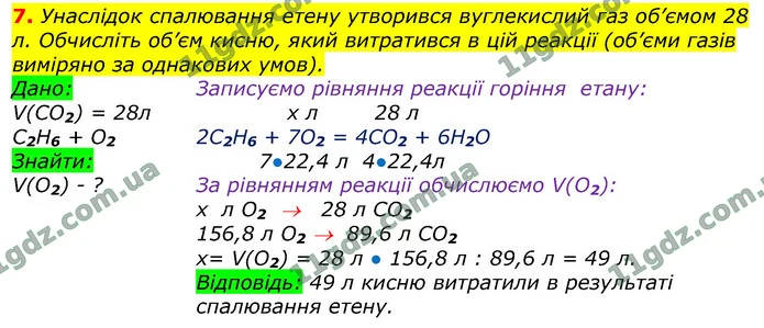 7. Унаслідок спалювання етену утворився вуглекислий газ об’ємом 28 л. Обчисліть об’єм кисню, який витратився в цій реакції (об’єми — ГДЗ Хімія 9 клас Лашевська