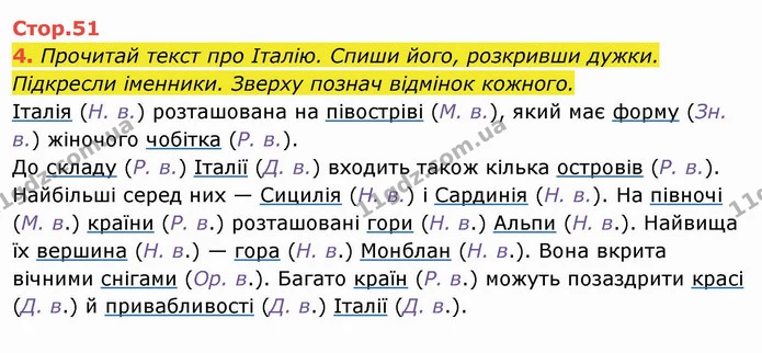 4. Прочитай текст про Італію. Спиши його, розкривши дужки. Підкресли іменники. Зверху познач відмінок кожного. Італія (Н. в.) — ГДЗ Українська мова та читання 4 клас Пономарьова
