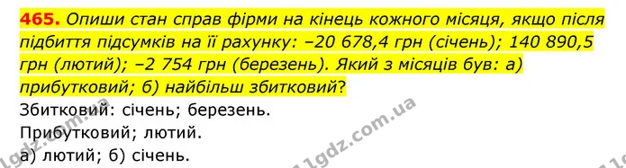 465. Опиши стан справ фірми на кінець кожного місяця, якщо після підбиття підсумків на її рахунку: –20 678,4 грн (січень); 140 890,5 — ГДЗ Математика 6 клас Бевз 1-2 ч.