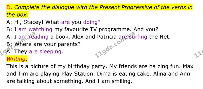 D. Complete the dialogue with the Present Progressive of the verbs in the box. — ГДЗ Зошит граматика Англійська мова Мітчелл