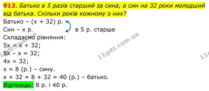 913. Батько в 5 разів старший за сина, а син на 32 роки молодший — ГДЗ Алгебра 7 клас Бевз