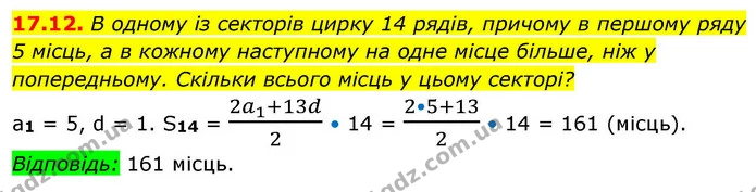 17.12. В одному із секторів цирку 14 рядів, причому в першому ряду 5 місць, а в кожному наступному на одне місце більше, ніж у — ГДЗ Алгебра 9 клас Істер