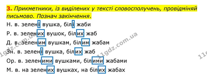 3. Прикметники, із виділених у тексті словосполучень, провідміняй письмово. Познач закінчення. — ГДЗ Українська мова 4 клас Чабайовська
