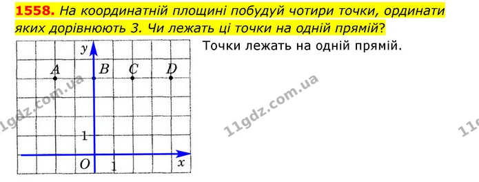 1558. На координатній площині побудуй чотири точки, ординати яких дорівнюють 3. Чи лежать ці точки на одній прямій? — ГДЗ Математика 6 клас Істер 2023 1-2 ч.