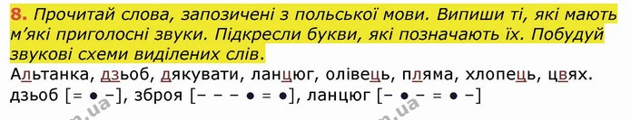 8. Прочитай слова, запозичені з польської мови. Випиши ті, які мають м’які приголосні звуки. Підкресли букви, які позначають їх — ГДЗ Українська мова та читання 4 клас Пономарьова
