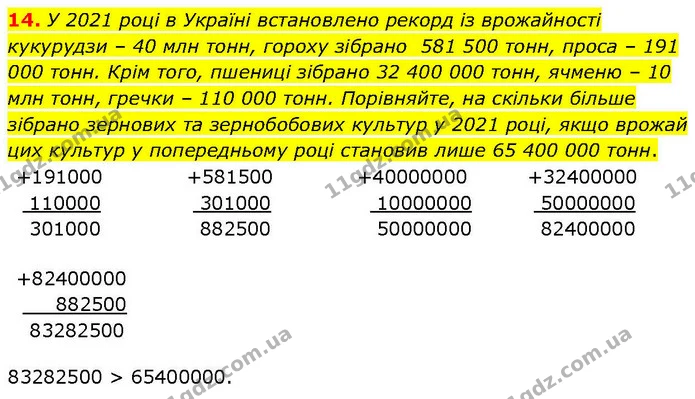 14. У 2021 році в Україні встановлено рекорд із врожайності кукурудзи – 40 млн тонн, гороху зібрано 581 500 тонн, проса – 191 000 тонн — ГДЗ Математика 6 клас Біос 1-2 ч.