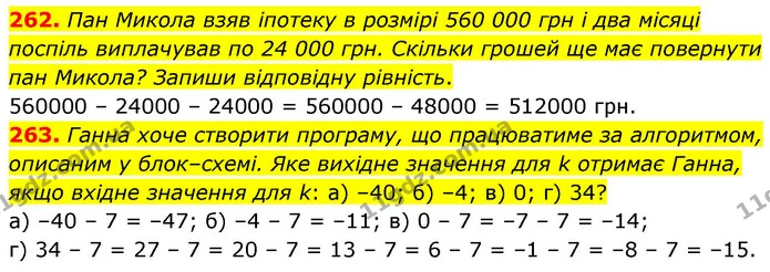262. Пан Микола взяв іпотеку в розмірі 560 000 грн і два місяці поспіль виплачував по 24 000 грн. Скільки грошей ще має повернути пан — ГДЗ Математика 6 клас Бевз 1-2 ч.