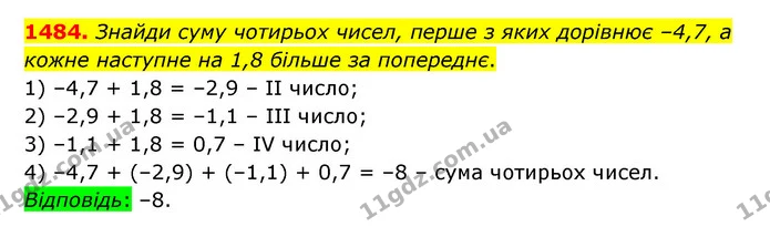 1484. Знайди суму чотирьох чисел, перше з яких дорівнює –4,7, а кожне наступне на 1,8 більше за попереднє. — ГДЗ Математика 6 клас Істер 2023 1-2 ч.