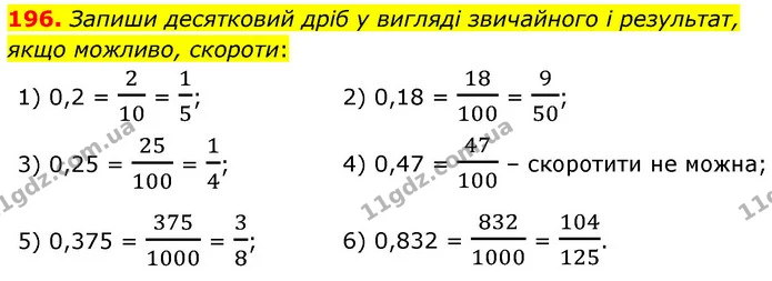 196. Запиши десятковий дріб у вигляді звичайного і результат, якщо можливо, скороти: — ГДЗ Математика 6 клас Істер 2023 1-2 ч.