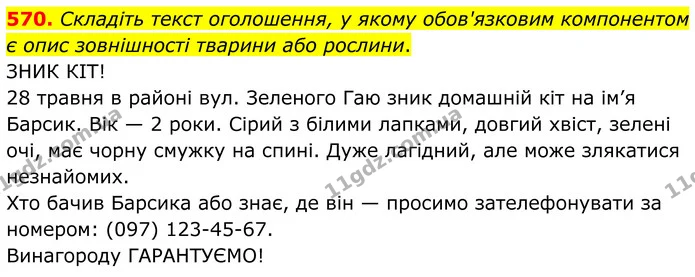570. Складіть текст оголошення, у якому обов'язковим компонентом є опис зовнішності тварини або рослини. — ГДЗ Українська мова 6 клас Голуб 2023