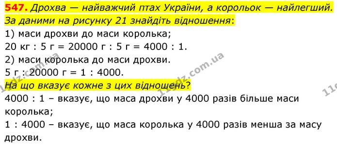 547. Дрохва — найважчий птах України, а корольок — найлегший. За даними на рисунку 21 знайдіть відношення: — ГДЗ Математика 6 клас Кравчук 2023