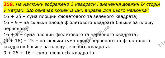 259. На малюнку зображено 3 квадрати і значення довжин їх сторін у метрах. Що означає кожен із цих виразів для цього малюнка? — ГДЗ Математика 4 клас Бевз 1 та 2 частини