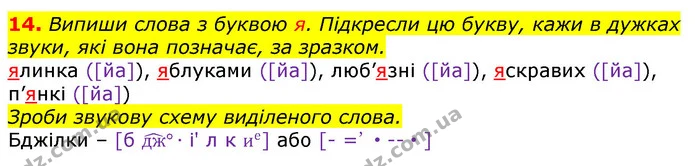 14. Випиши слова з буквою я. Підкресли цю букву, кажи в дужках звуки, які вона позначає, за зразком. — ГДЗ Українська мова та читання 3 клас Захарійчук 2020