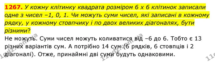 1267. У кожну клітинку квадрата розміром 6 x 6 клітинок записали одне з чисел –1, 0, 1. Чи можуть суми чисел, які записані в кожному — ГДЗ Математика 6 клас Мерзляк 2023 1-2 ч.