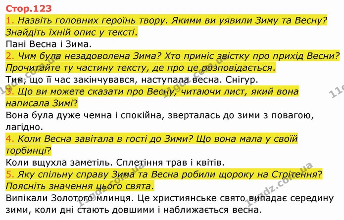 1. Назвіть головних героїнь твору. Якими ви уявили Зиму та Весну? Знайдіть їхній опис у тексті. — ГДЗ Українська мова та читання 4 клас Богданець-Білоскаленко