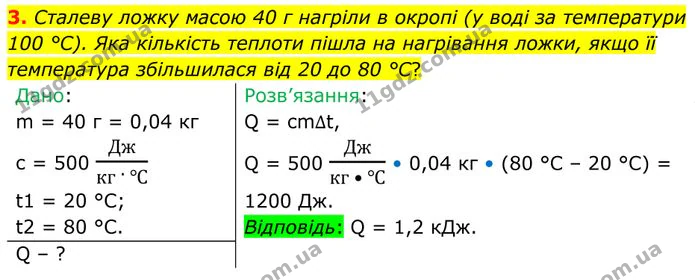 3. Сталеву ложку масою 40 г нагріли в окропі (у воді за температури 100 °С). Яка кількість теплоти пішла на нагрівання ложки, якщо її… — ГДЗ Фізика 8 клас Бар'яхтар