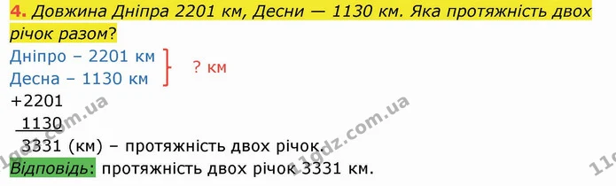 4. Довжина Дніпра 2201 км, Десни — 1130 км. Яка протяжність двох річок разом? — ГДЗ Математика 4 клас Заїка