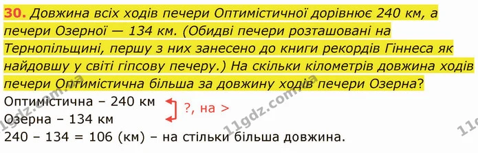 30. Довжина всіх ходів печери Оптимістичної дорівнює 240 км, а печери Озерної — 134 км. (Обидві печери розташовані на Тернопільщині — ГДЗ Математика 5 клас Кравчук