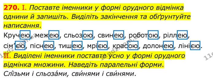 270. І. Поставте іменники у формі орудного відмінка однини й запишіть. Виділіть закінчення та обґрунтуйте написання. — ГДЗ Українська мова 6 клас Заболотний 2020