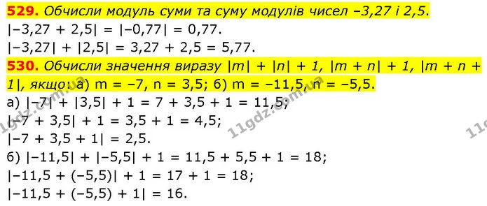 529. Обчисли модуль суми та суму модулів чисел –3,27 і 2,5. — ГДЗ Математика 6 клас Бевз 1-2 ч.