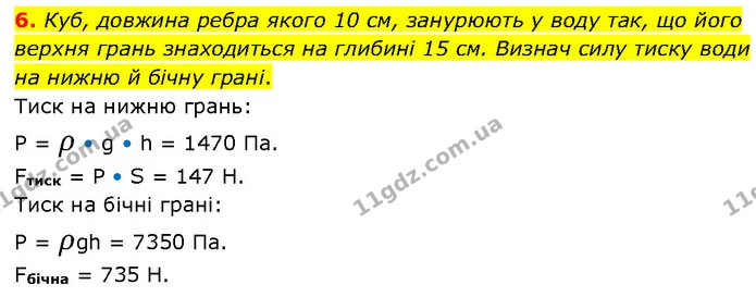 6. Куб, довжина ребра якого 10 см, занурюють у воду так, що його верхня грань знаходиться на глибині 15 см. Визнач силу тиску води на — ГДЗ Фізика 7 клас Засєкіна
