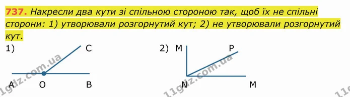 737. Накресли два кути зі спільною стороною так, щоб їх не спільні сторони: 1) утворювали розгорнутий кут; 2) не утворювали розгорнутий — ГДЗ Математика 5 клас Істер 2022