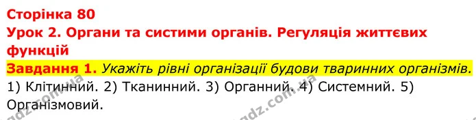 1. Укажіть рівні організації будови тваринних організмів. — ГДЗ Робочий зошит Біологія 7 клас Мирна 2024