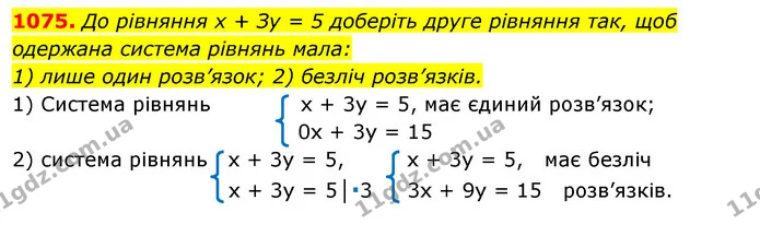 1075. До рівняння х + Зу = 5 доберіть друге рівняння так, щоб — ГДЗ Алгебра 7 клас Істер 2020
