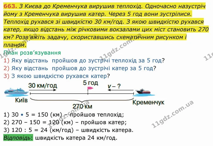 663. З Києва до Кременчука вирушив теплохід. Одночасно назустріч йому з Кременчука вирушив катер. Через 5 год вони зустрілися. Теплохід — ГДЗ Математика 4 клас Оляницька