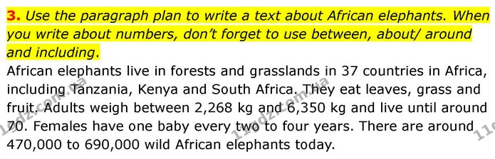 3. Use the paragraph plan to write a text about African elephants. When you write about numbers, don’t forget to use between, about/ — ГДЗ робочий зошит Англійська мова 7 клас Prepare
