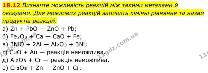 18.12 Визначте можливість реакцій між такими металами й оксидами. Для можливих реакцій запишіть хімічні рівняння та назви продуктів — ГДЗ Робочий зошит Хімія 8 клас Григорович