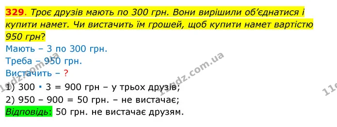 329. Троє друзів мають по 300 грн. Вони вирішили об’єднатися і купити намет. Чи вистачить їм грошей, щоб купити намет вартістю 950 грн? — ГДЗ Математика 3 клас Бевз 1 частина