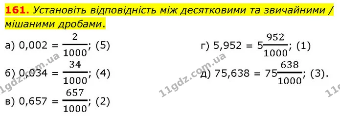 161. Установіть відповідність між десятковими та звичайними / мішаними дробами. — ГДЗ Математика 6 клас Біос 1-2 ч.