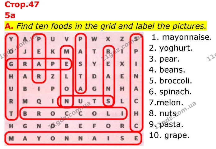 A. Find ten foods in the grid and label the pictures. — ГДЗ робочий зошит Англійська мова 7 клас Мітчелл