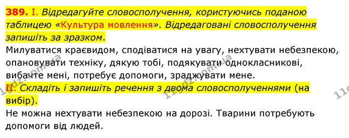 389. І. Відредагуйте словосполучення, користуючись поданою таблицею «Культура мовлення». Відредаговані словосполучення запишіть за — ГДЗ Українська мова 5 клас Заболотний 2022