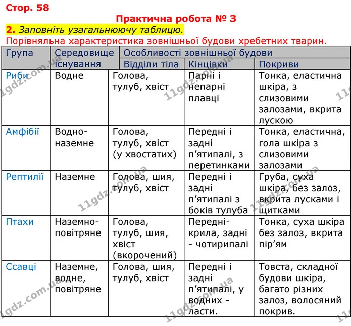 2. Заповніть узагальнюючу таблицю. — ГДЗ Робочий зошит з Біології 7 клас Яременко