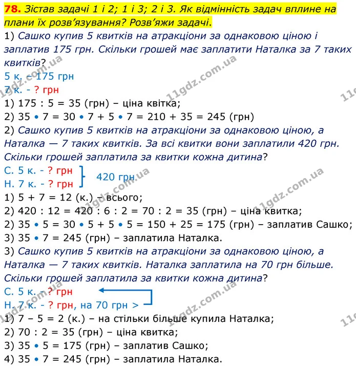 78. Зістав задачі 1 і 2; 1 і 3; 2 і 3. Як відмінність задач вплине на плани їх розв’язування? Розв’яжи задачі. — ГДЗ Математика 5 клас Скворцова 2022
