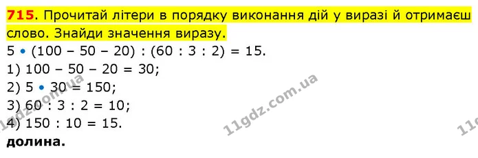 715. Прочитай літери в порядку виконання дій у виразі й отримаєш слово. Знайди значення виразу. 5 • (100 – 50 – 20) : (60 : 3 : 2) = — ГДЗ Математика 3 клас Будна 1-2 ч.