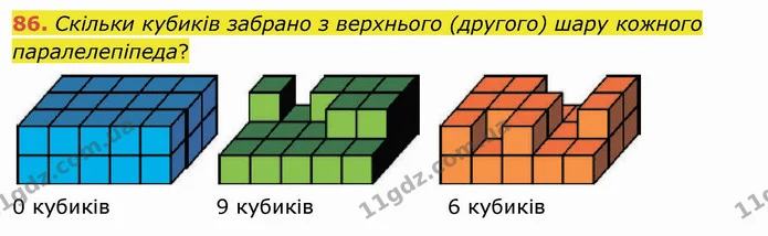 86. Скільки кубиків забрано з верхнього (другого) шару кожного паралелепіпеда? — ГДЗ Математика 4 клас Заїка