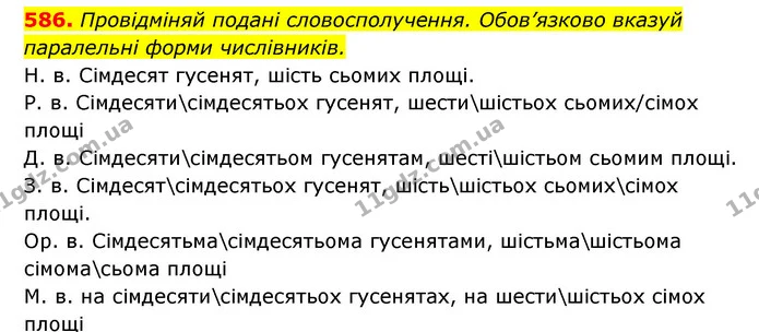 586. Провідміняй подані словосполучення. Обов’язково вказуй паралельні форми числівників. — ГДЗ Українська мова 6 клас Онатій