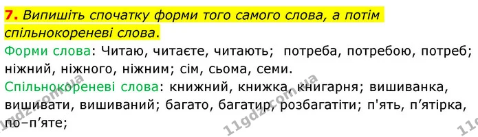 7. Випишіть спочатку форми того самого слова, а потім спільнокореневі слова. — ГДЗ Українська мова 6 клас Авраменко