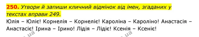 250. Утвори й запиши кличний відмінок від імен, згаданих у — ГДЗ Українська мова 6 клас Онатій
