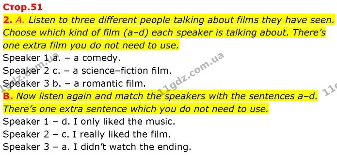 2. A. Listen to three different people talking about films they have seen. Choose which kind of film (a–d) each speaker is talking — ГДЗ Англійська мова 7 клас Мітчелл