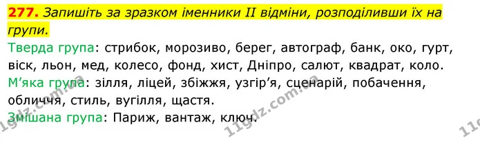 277. Запишіть за зразком іменники II відміни, розподіливши їх на групи. — ГДЗ Відповіді Українська мова 6 клас Єрмоленко