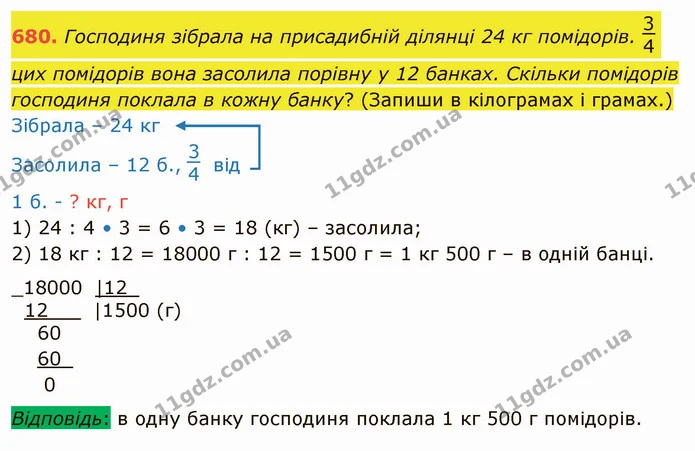 680. Господиня зібрала на присадибній ділянці 24 кг помідорів. цих помідорів вона засолила порівну у 12 банках. Скільки помідорів — ГДЗ Математика 4 клас Лишенко 1-2 ч.