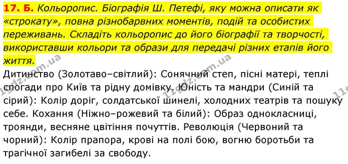 17. Б. Кольоропис. Біографія Ш. Петефі, яку можна описати як «строкату», повна різнобарвних моментів, подій та особистих переживань — ГДЗ Зарубіжна література 8 клас Волощук