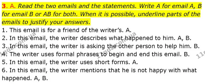 3. A. Read the two emails and the statements. Write A for email A, B for email B or AB for both. When it is possible, underline parts — ГДЗ Англійська мова 7 клас Мітчелл